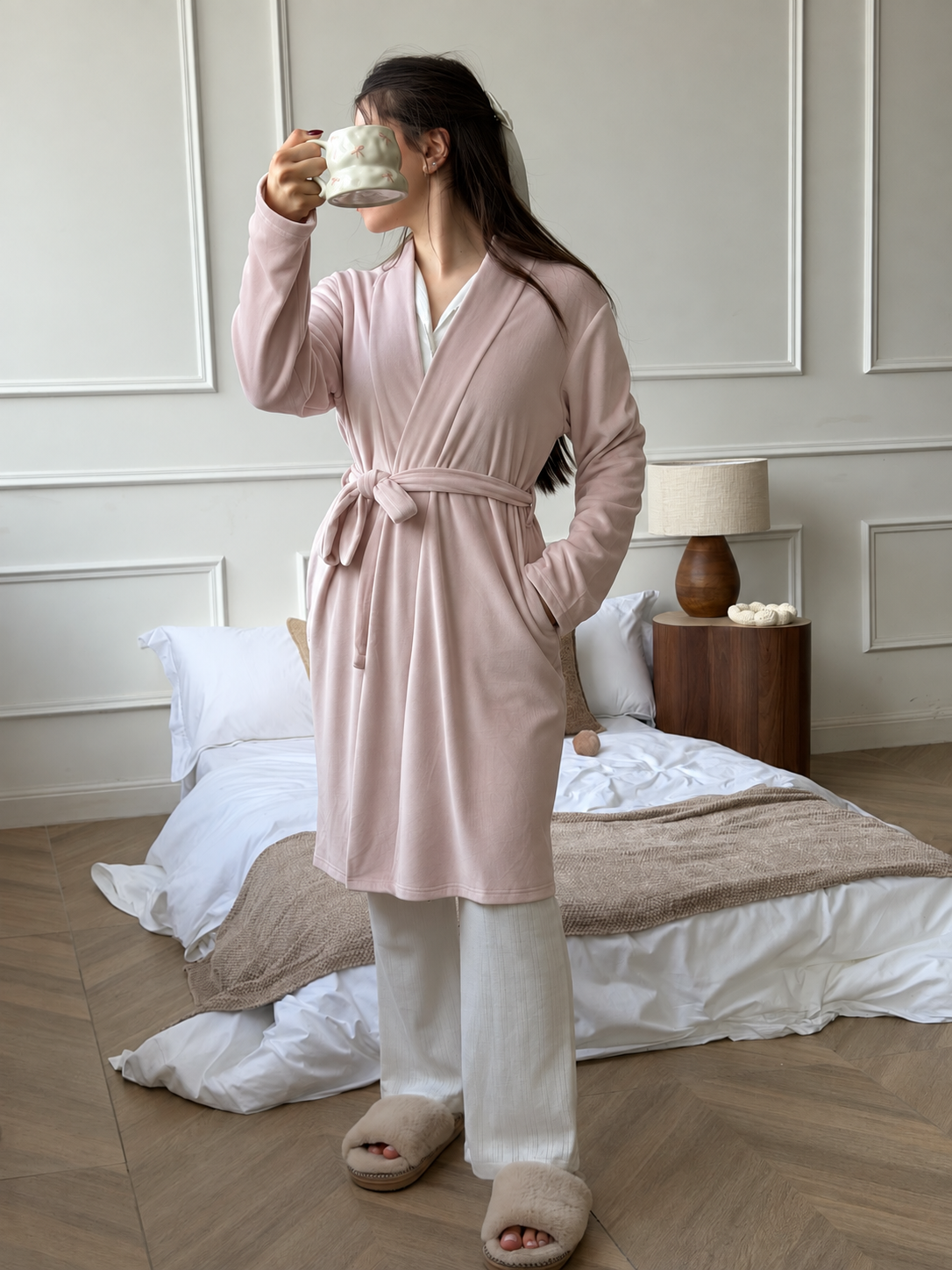 Ribbed Velour Robe-Baby pink