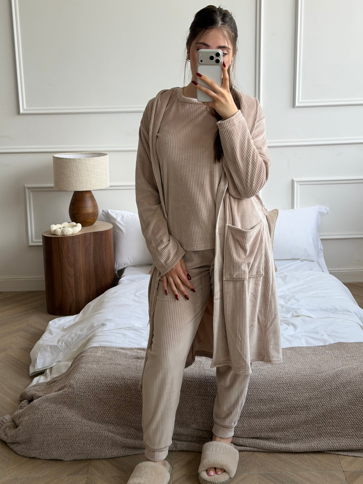 Ribbed Velour Robe-Beige