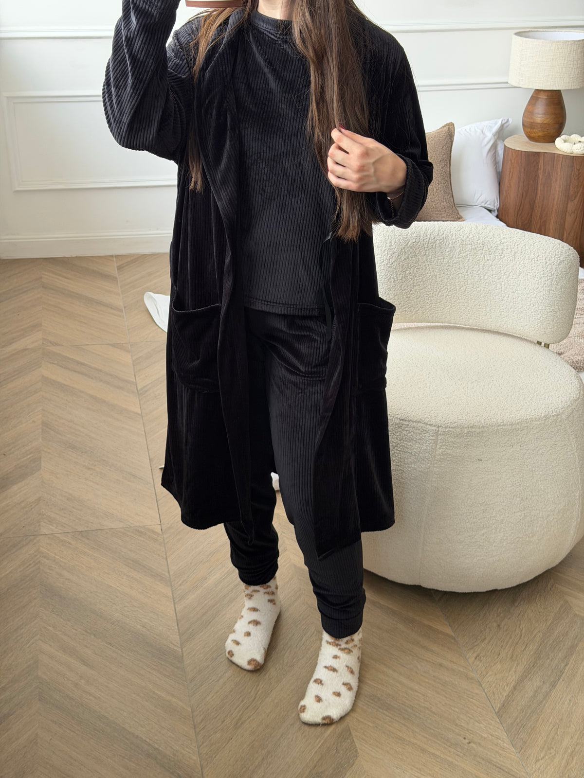 Ribbed Velour Robe-Black
