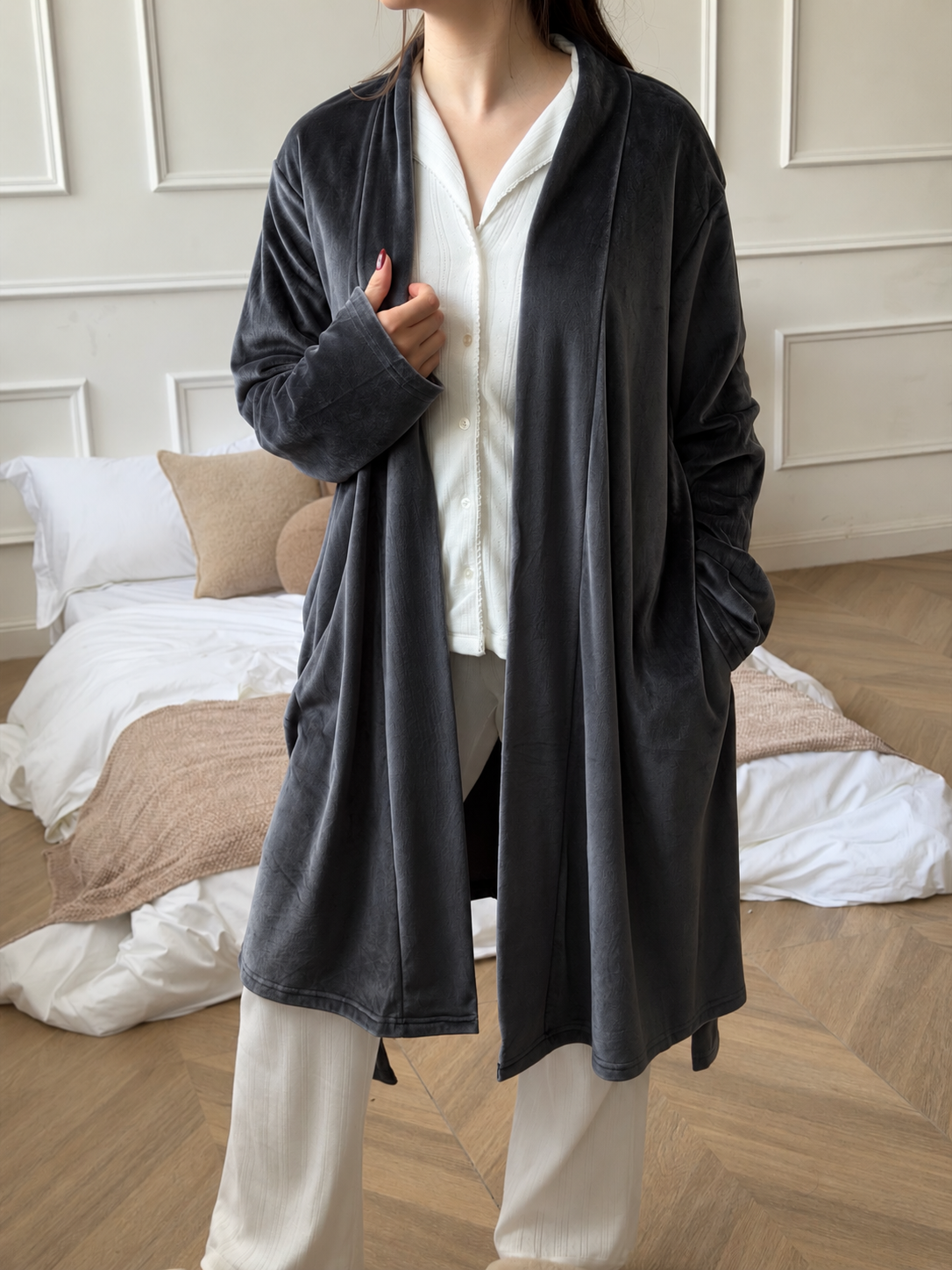 Ribbed Velour Robe-Gray