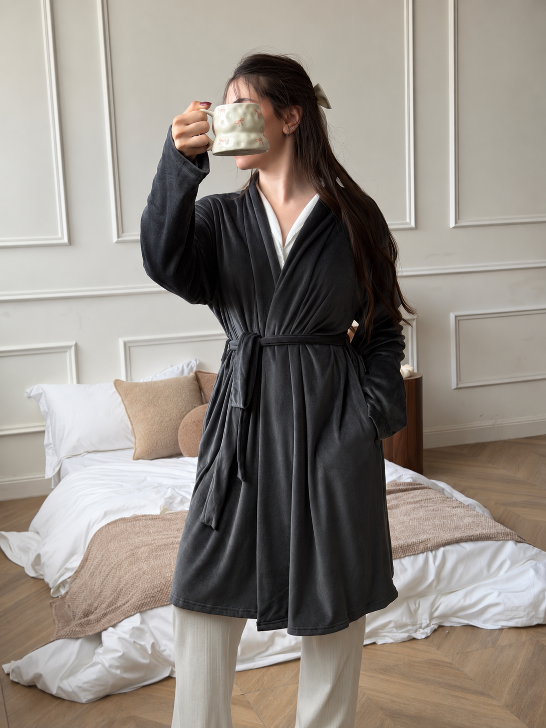 Ribbed Velour Robe-Gray