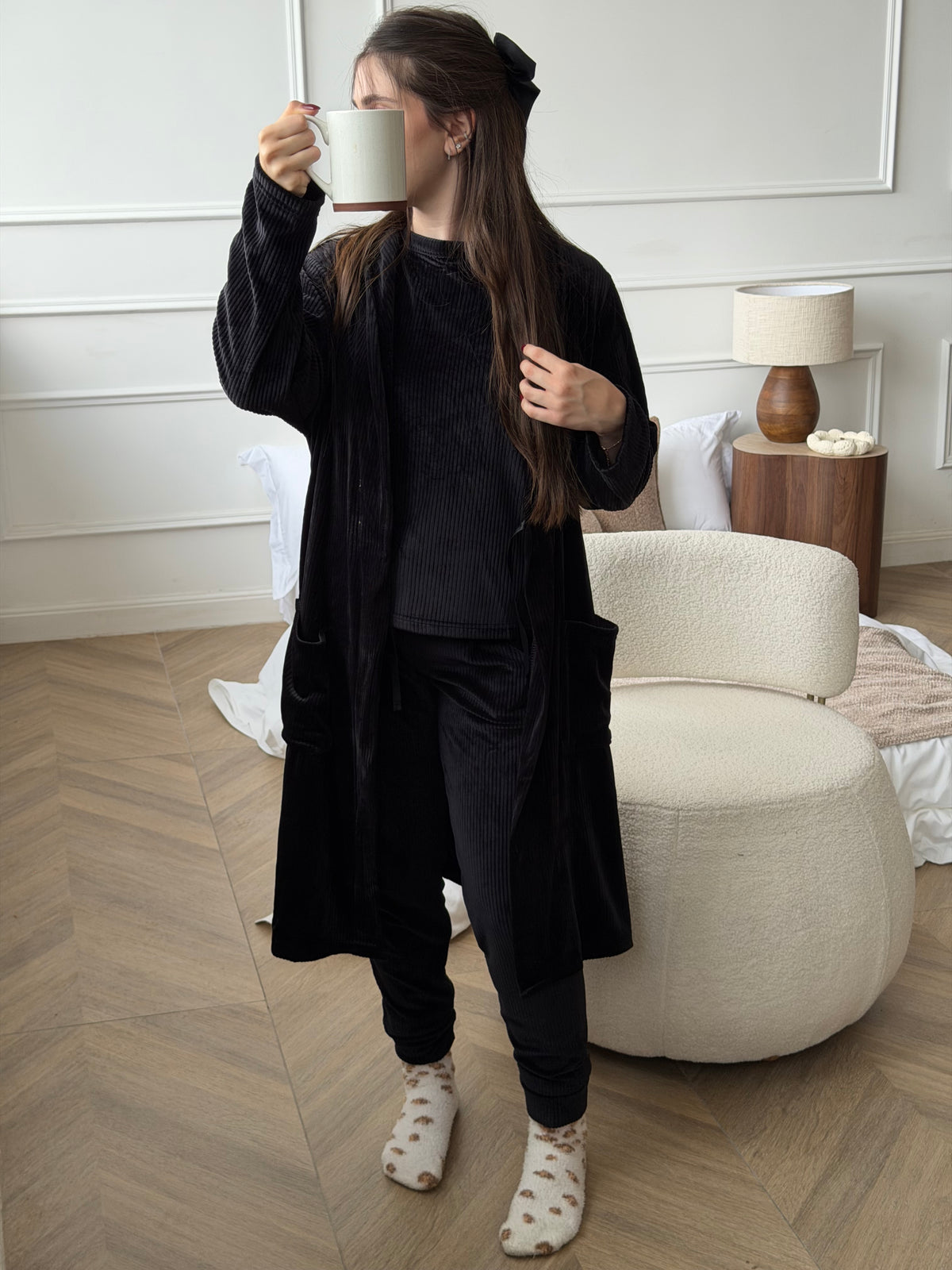 Ribbed Velour Robe-Black