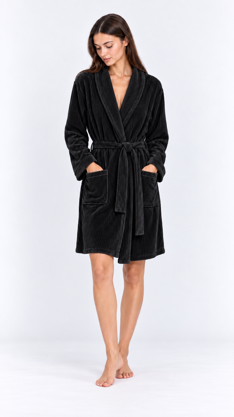 Ribbed Velour Robe-Black