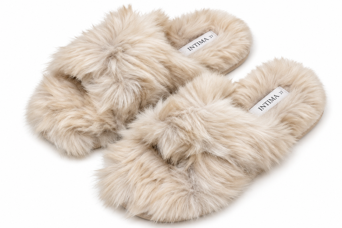 Fluffy Cross Slippers- Beige