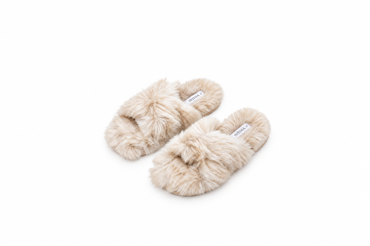 Fluffy Cross Slippers- Beige